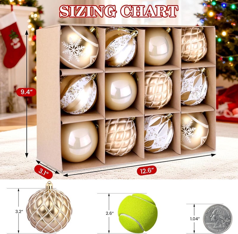 EverMerry EveryMerry 24-Pack 3.1 Inch Christmas Ornaments Set - Champagne White Ornament Balls with 5 Various Designs with Strings, Sturdy, Kraft Box with Lid for Xmas Tree, Holiday Party & Home Decor - Image 3